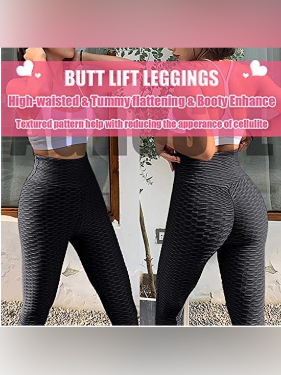 Black Textured Scrunch Butt Leggings High Waisted Yoga Pants Booty Lift Stretch - Picture 2 of 5